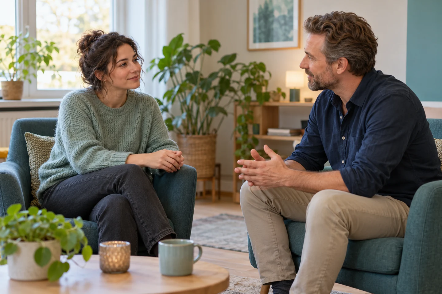 Een gelijkwaardig gesprek in een rustige ggz-omgeving — illustratief sfeerbeeld