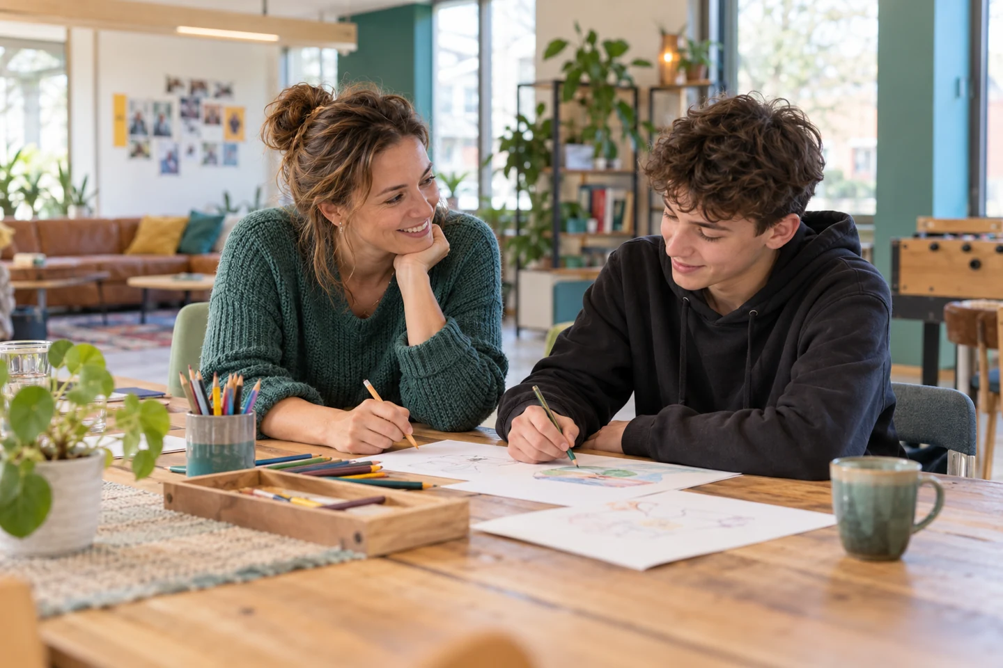 Een jeugdzorgprofessional en een jongere werken samen aan een creatieve activiteit — illustratief sfeerbeeld
