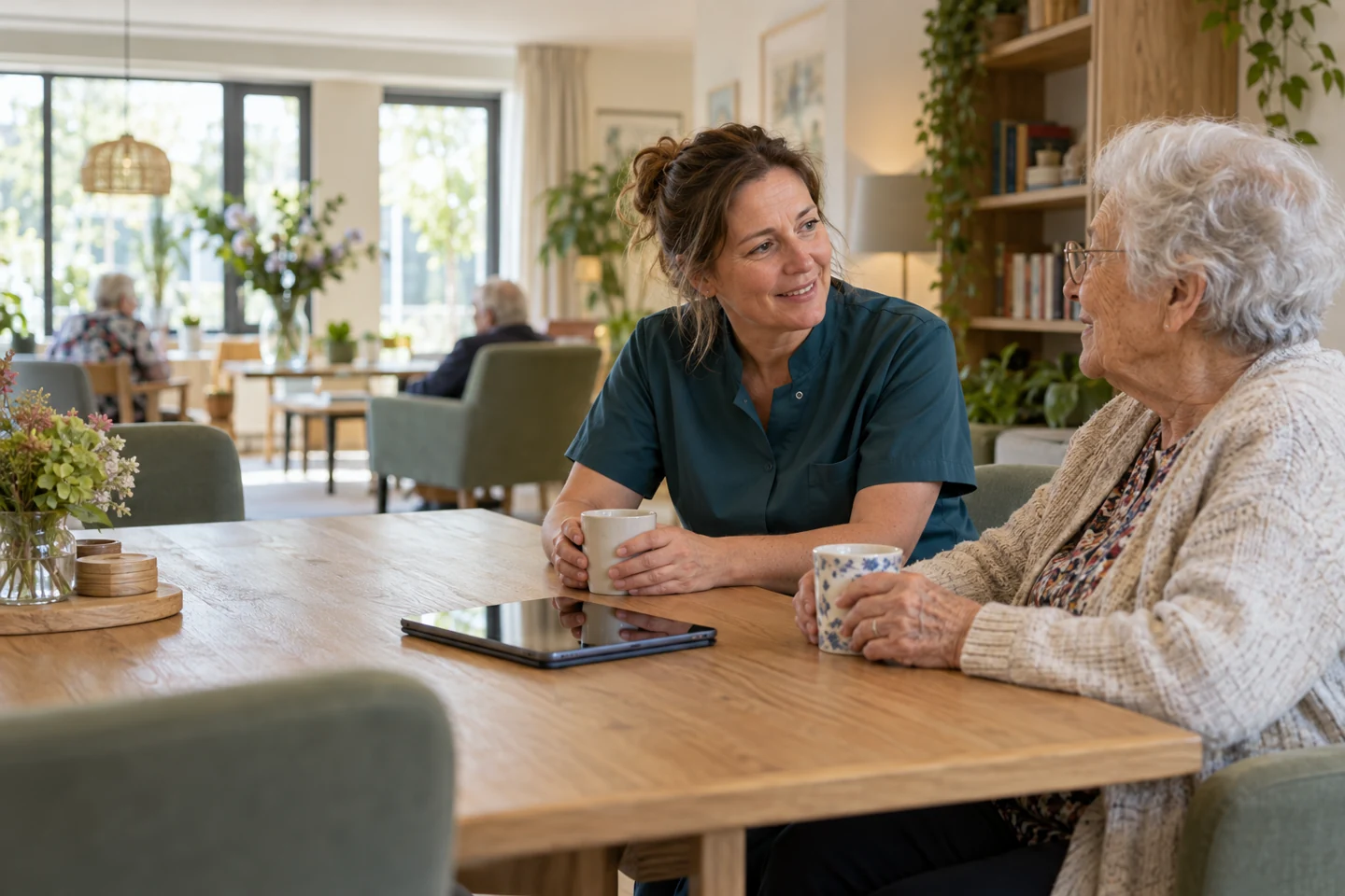 Een zorgmedewerker in gesprek met een oudere vrouw — illustratief sfeerbeeld